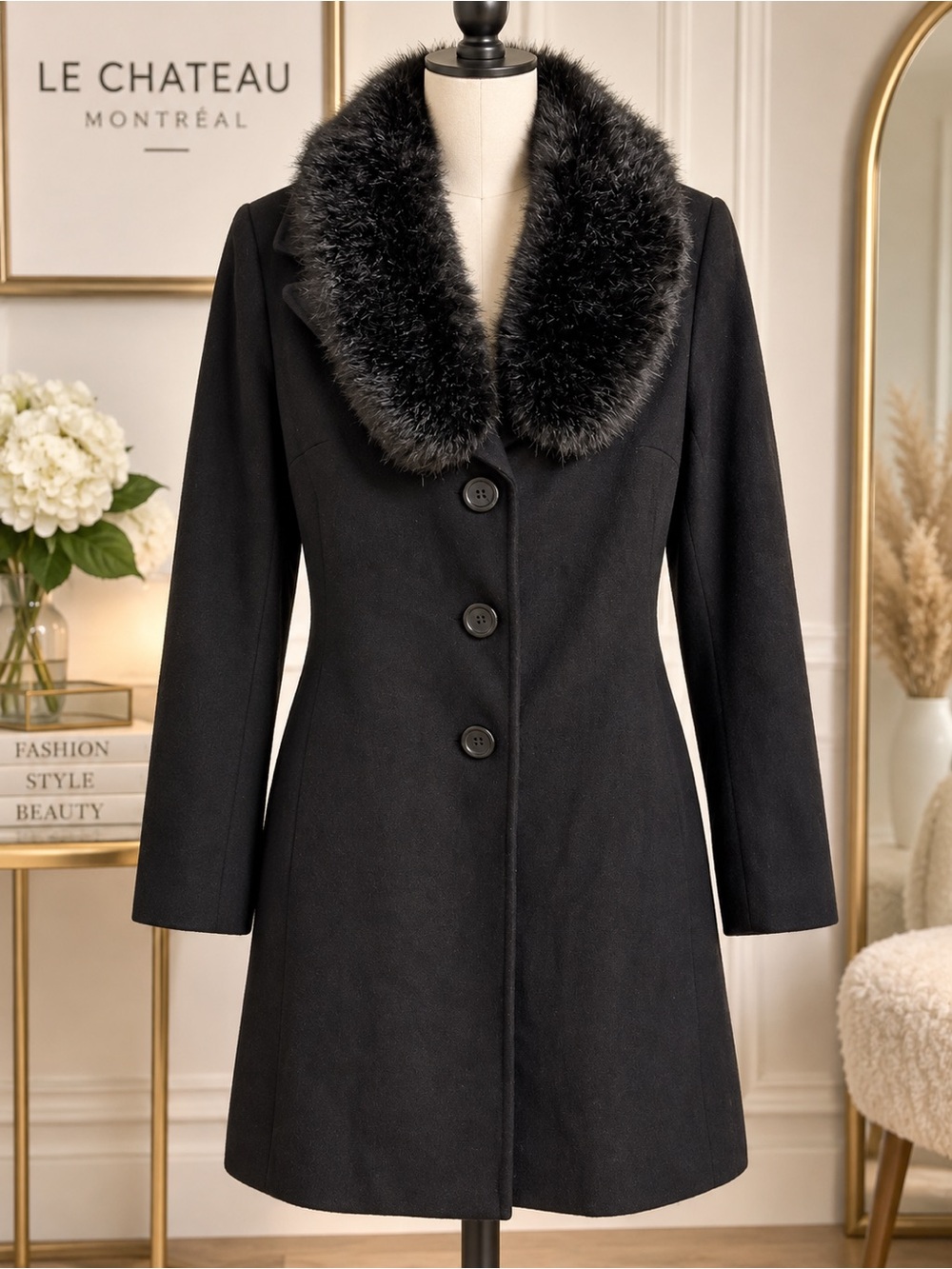 Le Château Black Coat with Faux Fur Collar – Size Large